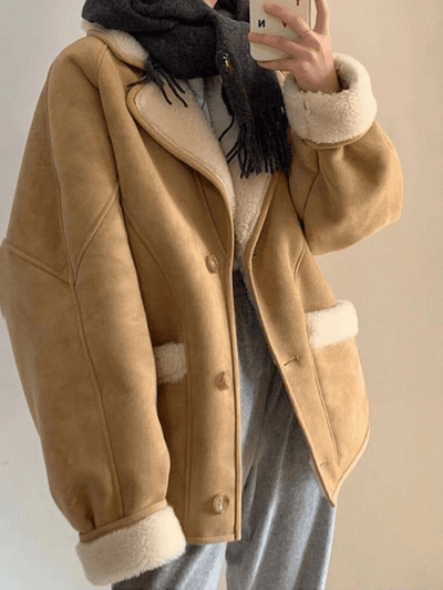 Cocolii manteau aviateur suedine boutonnage poches col revers manches longues femme décontracté hiver veste