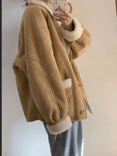 Cocolii manteau aviateur suedine boutonnage poches col revers manches longues femme décontracté hiver veste