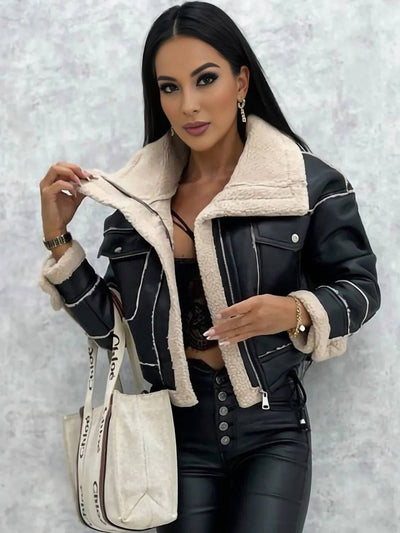 Cocolii court veste aviateur simili cuir peau de mouton polaire poches col revers manches longues femme bombardier