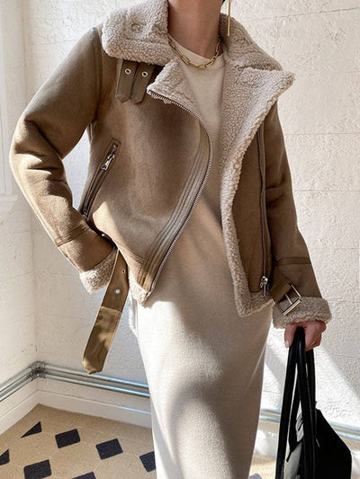 Cocolii manteau aviateur suedine fermeture éclair ceinture col revers femme veste style boyfriend
