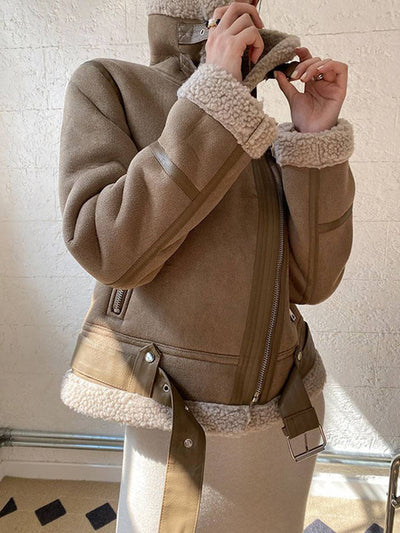 Cocolii manteau aviateur suedine fermeture éclair ceinture col revers femme veste style boyfriend
