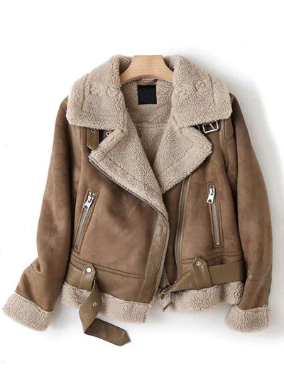 Cocolii manteau aviateur suedine fermeture éclair ceinture col revers femme veste style boyfriend