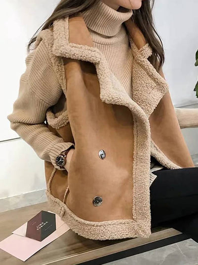 Cocolii gilet sans manches veste aviateur suedine double boutonnage poches col revers femme casual blouson