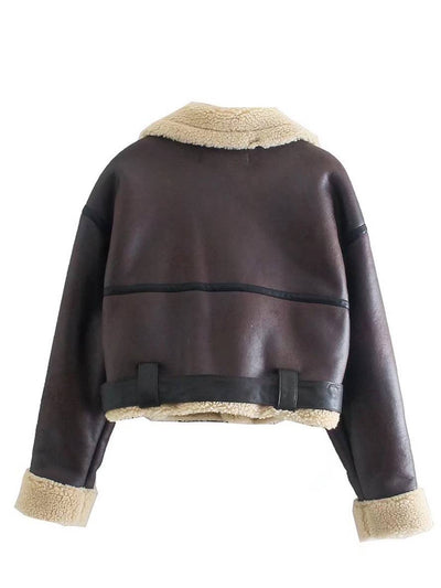 Cocolii court perfecto manteau aviateur suedine polaire ceinture poches col revers femme oversized veste