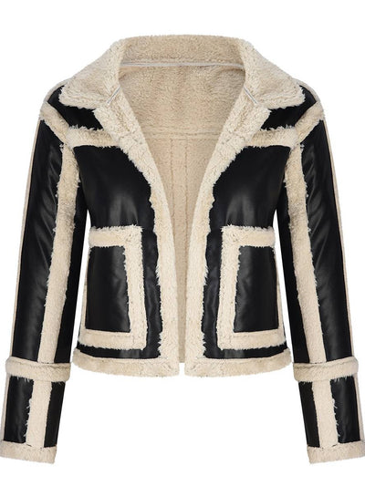 Cocolii court manteau aviateur carreaux peau de mouton poches col revers femme style boyfriend mode perfecto veste