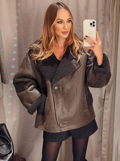 Cocolii manteau aviateur daim doublé polaire boutons poches col revers femme mode décontracté veste suedine