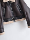 Cocolii court manteau aviateur ceinture chunky buckle col revers poches manches longues femme vintage décontracté veste