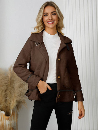 Cocolii manteau aviateur boutonnage poches chunky buckle col revers manches longues fermeture éclair femme décontracté veste