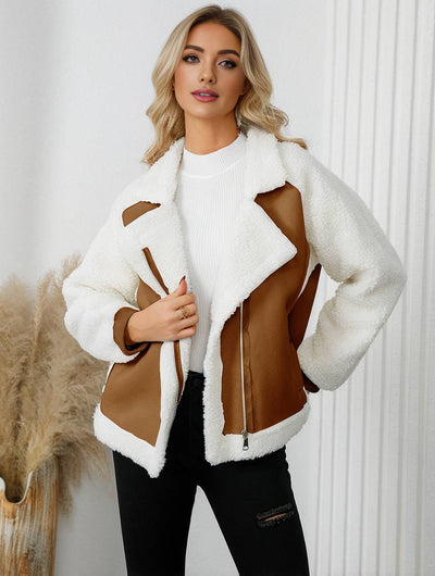 Cocolii manteau aviateur suedine poches col revers manches longues fermeture éclair femme élégant décontracté veste