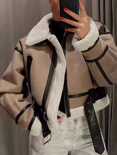 Cocolii manteau aviateur en daim fermeture éclair poches ceinture col revers femme décontracté veste suedine