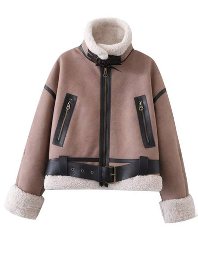 Cocolii manteau aviateur en daim fermeture éclair poches ceinture col revers femme décontracté veste suedine