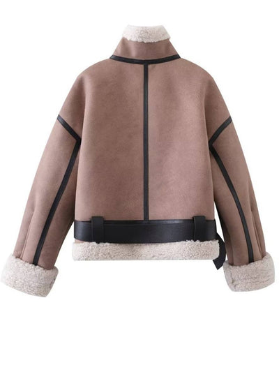 Cocolii manteau aviateur en daim fermeture éclair poches ceinture col revers femme décontracté veste suedine