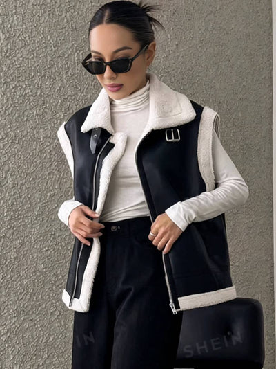 Cocolii gilet manteau aviateur simili cuir sans manches fermeture éclair poches col revers femme décontracté mode oversized veste