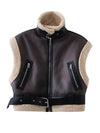 Cocolii veste aviateur sans manches poches ceinture col revers col montant femme casual décontracté gilet d'hiver chaud