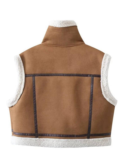 Cocolii veste aviateur sans manches poches ceinture col revers col montant femme casual décontracté gilet d'hiver chaud