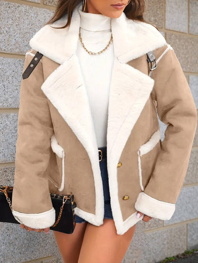 Cocolii veste aviateur femme doublé polaire poches chunky buckle col revers décontracté chaud manteau en suédine