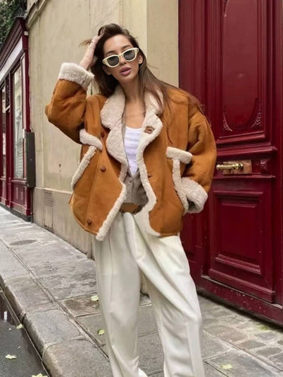 Cocolii manteau aviateur en suedine femme peau de mouton col revers manches longues manteau rétro doux et tendance