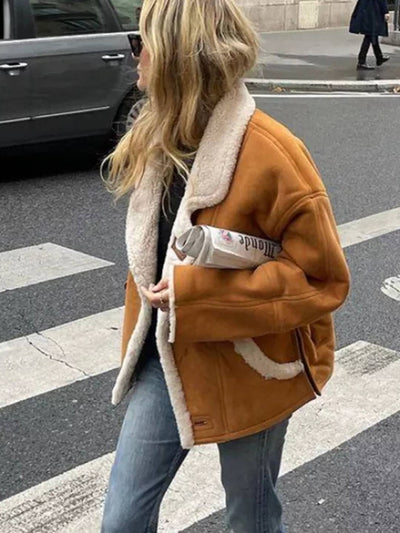 Cocolii manteau aviateur en suedine femme peau de mouton col revers manches longues manteau rétro doux et tendance