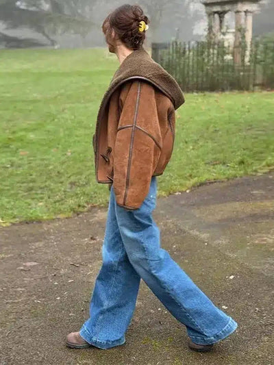 Cocolii manteau aviateur en daim femme hiver peau de mouton boutonnage à capuche manches longues oversized blouson