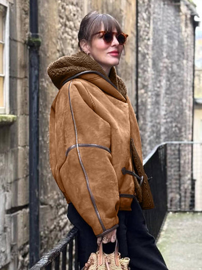 Cocolii manteau aviateur en daim femme hiver peau de mouton boutonnage à capuche manches longues oversized blouson