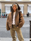 Cocolii manteau aviateur en daim femme hiver peau de mouton boutonnage à capuche manches longues oversized blouson