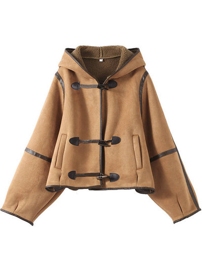Cocolii manteau aviateur en daim femme hiver peau de mouton boutonnage à capuche manches longues oversized blouson