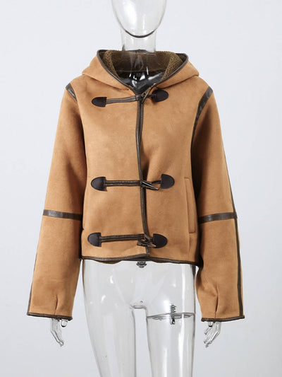 Cocolii manteau aviateur en daim femme hiver peau de mouton boutonnage à capuche manches longues oversized blouson