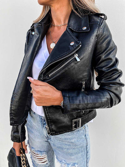 Cocolii court perfecto femme simili cuir avec poches ceinture col revers fermeture éclair veste motard style boyfriend