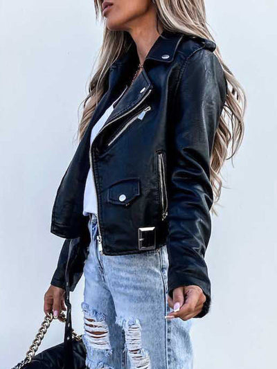 Cocolii court perfecto femme simili cuir avec poches ceinture col revers fermeture éclair veste motard style boyfriend