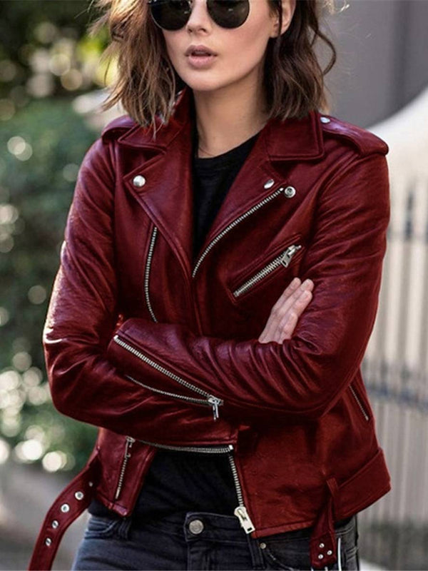 Blouson Biker Veste Simili Cuir Bordeaux Femme Cocolii Perfecto