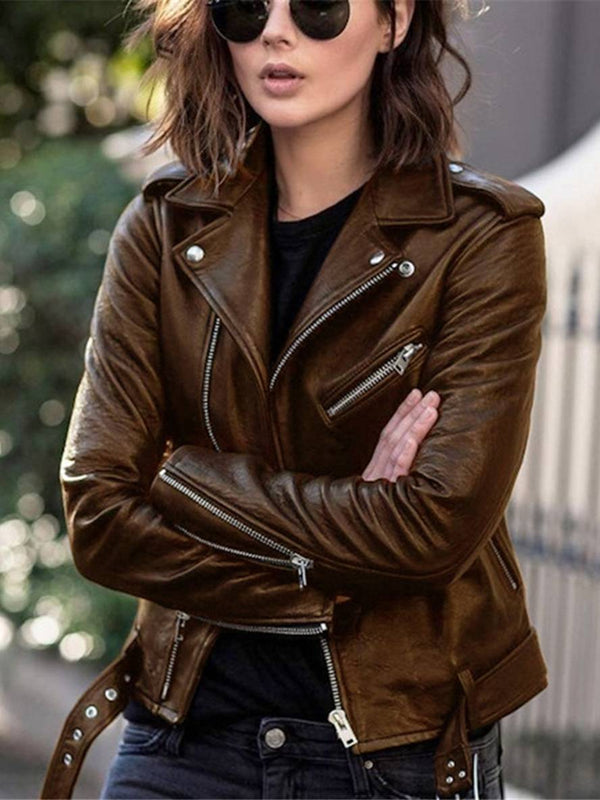 Veste Courte Blouson Femme Simili Cuir Marron Cocolii Perfecto