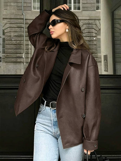 Cocolii veste en simili cuir double boutonnage poches manches longues femme décontracté ample casual