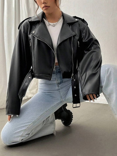 Cocolii court perfecto femme simili cuir poches ceinture fermeture éclair col revers manches longues décontracté veste
