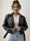 Cocolii court perfecto femme simili cuir poches ceinture fermeture éclair col revers manches longues décontracté veste