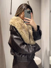 Cocolii blouson femme simili cuir fausse fourrure col double boutonnage poches décontracté chaud hiver veste aviateur bombée