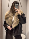 Cocolii blouson femme simili cuir fausse fourrure col double boutonnage poches décontracté chaud hiver veste aviateur bombée
