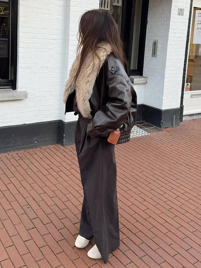 Cocolii blouson femme simili cuir fausse fourrure col double boutonnage poches décontracté chaud hiver veste aviateur bombée