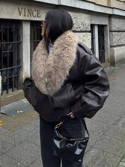 Cocolii blouson femme simili cuir fausse fourrure col double boutonnage poches décontracté chaud hiver veste aviateur bombée