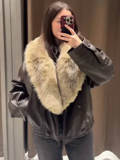 Cocolii blouson femme simili cuir fausse fourrure col double boutonnage poches décontracté chaud hiver veste aviateur bombée