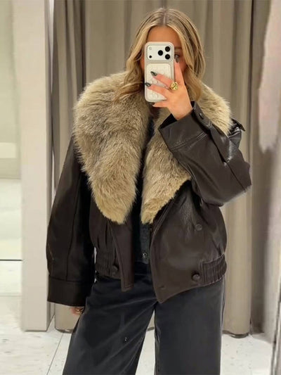 Cocolii blouson femme simili cuir fausse fourrure col double boutonnage poches décontracté chaud hiver veste aviateur bombée