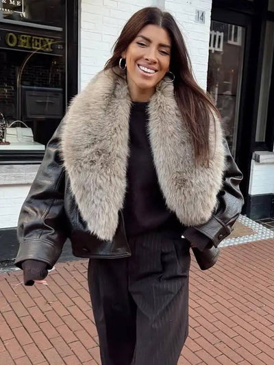 Cocolii blouson femme simili cuir fausse fourrure col double boutonnage poches décontracté chaud hiver veste aviateur bombée