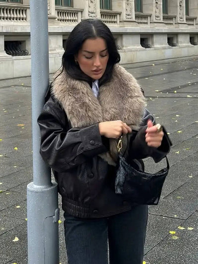 Cocolii blouson femme simili cuir fausse fourrure col double boutonnage poches décontracté chaud hiver veste aviateur bombée