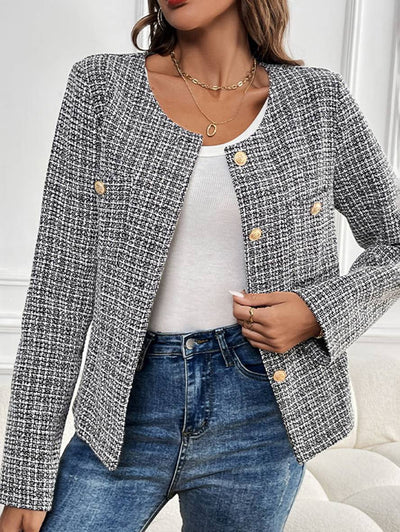 Cocolii veste carreaux tweed boutonnage poches col rond manches longues femme élégant décontracté mode blazer