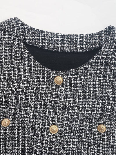 Cocolii veste carreaux tweed boutonnage poches col rond manches longues femme élégant décontracté mode blazer