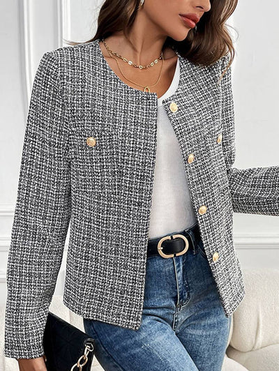 Cocolii veste carreaux tweed boutonnage poches col rond manches longues femme élégant décontracté mode blazer