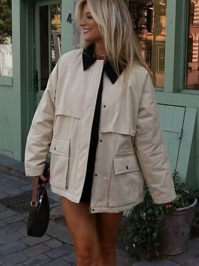 Cocolii veste couleur de frappe col revers fermeture éclair poches manches longues femme décontracté ample oversized blouson