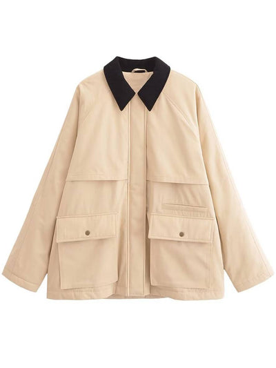 Cocolii veste couleur de frappe col revers fermeture éclair poches manches longues femme décontracté ample oversized blouson