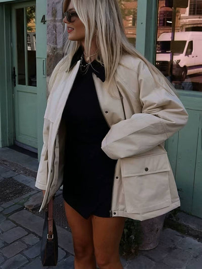 Cocolii veste couleur de frappe col revers fermeture éclair poches manches longues femme décontracté ample oversized blouson