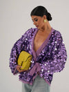 Cocolii veste courte brillante paillette pour femme v-cou manches longues ceinture élégant oversized cardigan
