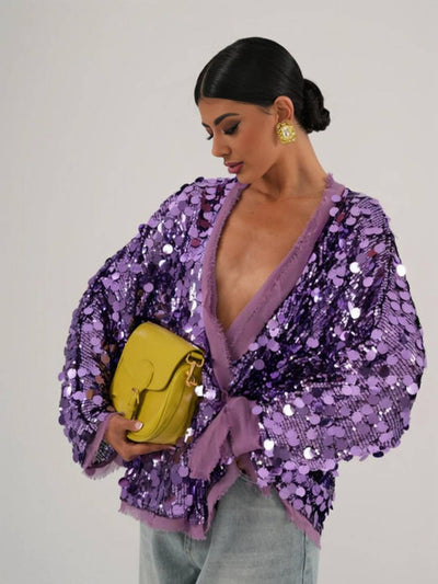 Cocolii veste courte brillante paillette pour femme v-cou manches longues ceinture élégant oversized cardigan